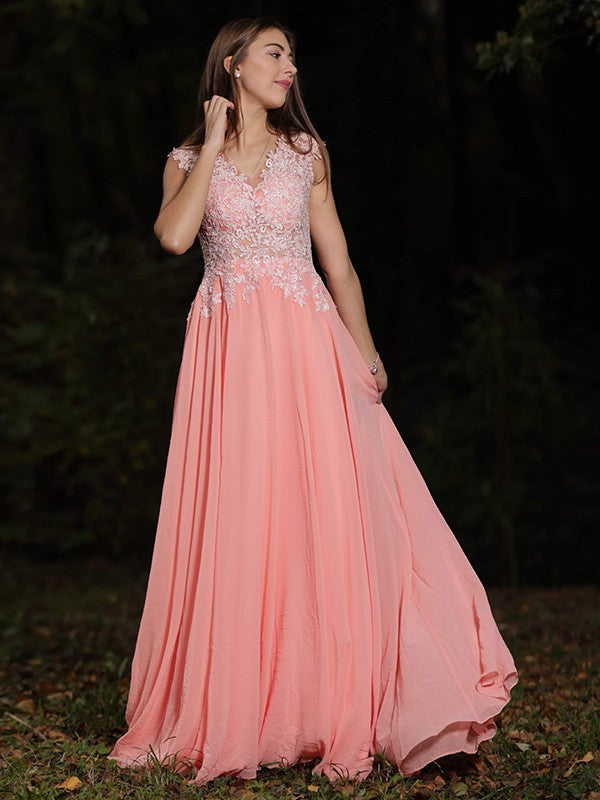 A-Line/Princess Chiffon Lace V-neck Sleeveless Sweep/Brush Train Dresses