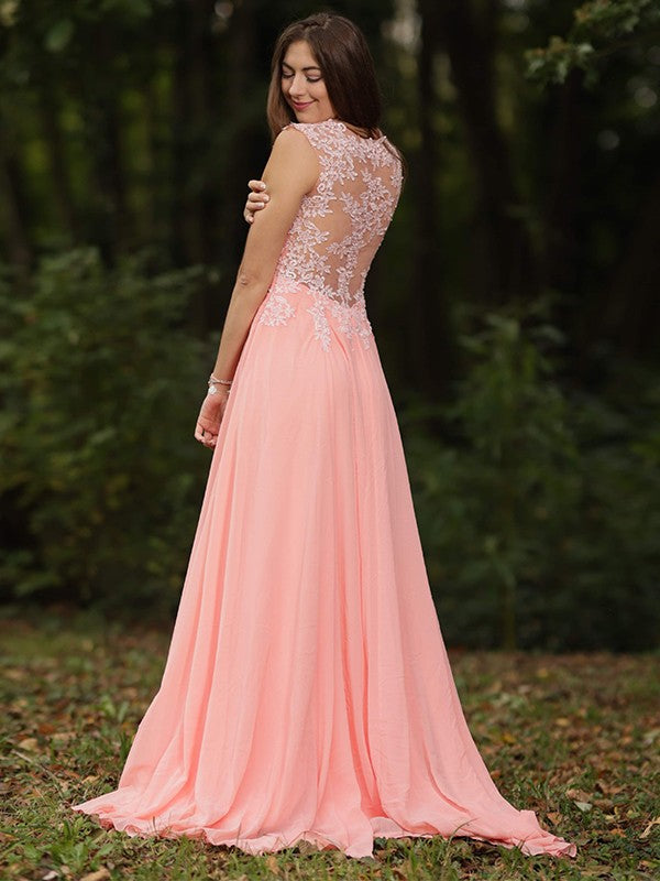 A-Line/Princess Chiffon Lace V-neck Sleeveless Sweep/Brush Train Dresses
