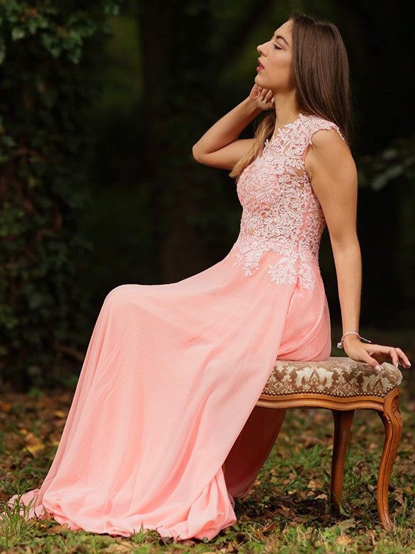 A-Line/Princess Chiffon Lace V-neck Sleeveless Sweep/Brush Train Dresses