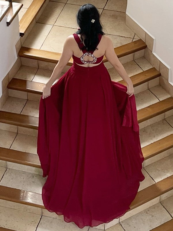 A-Line/Princess Chiffon Rhinestone V-neck Sleeveless Sweep/Brush Train Dresses