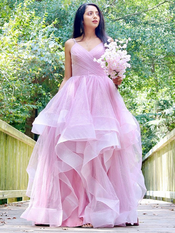 Robe trapèze/princesse en tulle à volants et bretelles spaghetti sans manches, longueur au sol