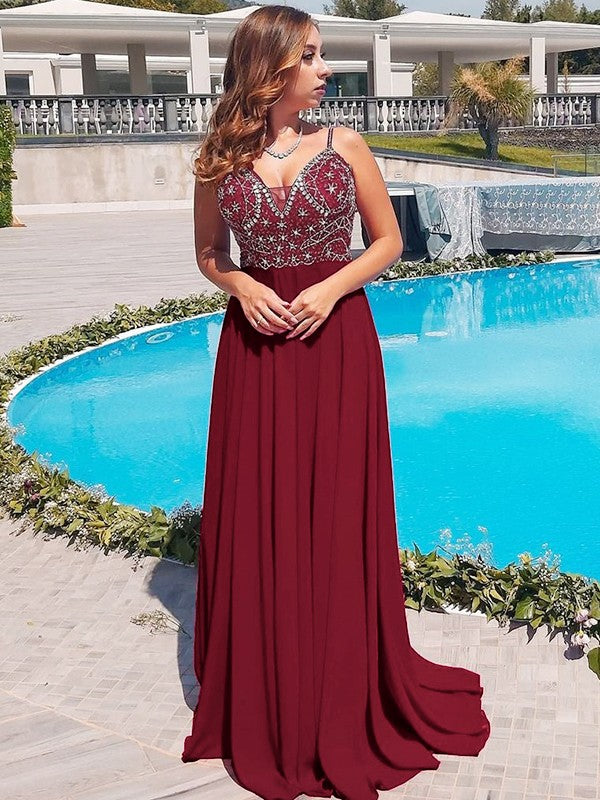 A-Line/Princess Chiffon Beading Spaghetti Straps Sleeveless Floor-Length Dresses