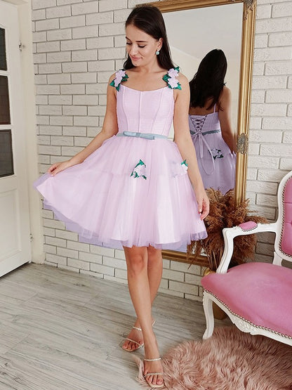 A-Line/Princess Tulle Hand-Made Flower Square Sleeveless Short/Mini Dresses