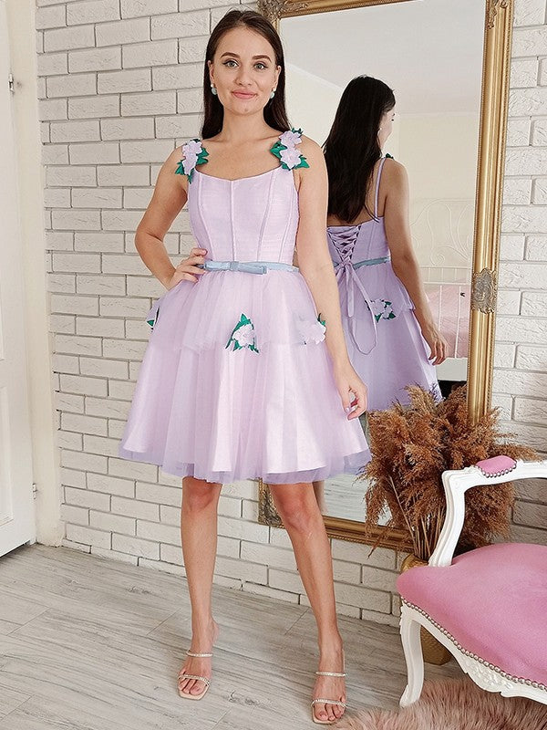 A-Line/Princess Tulle Hand-Made Flower Square Sleeveless Short/Mini Dresses
