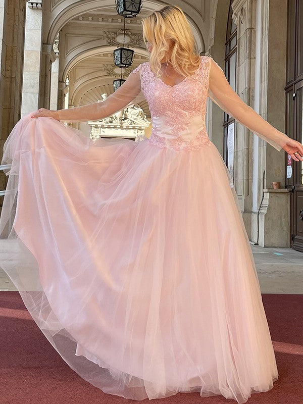 A-Line/Princess Tulle Applique V-neck Long Sleeves Floor-Length Dresses