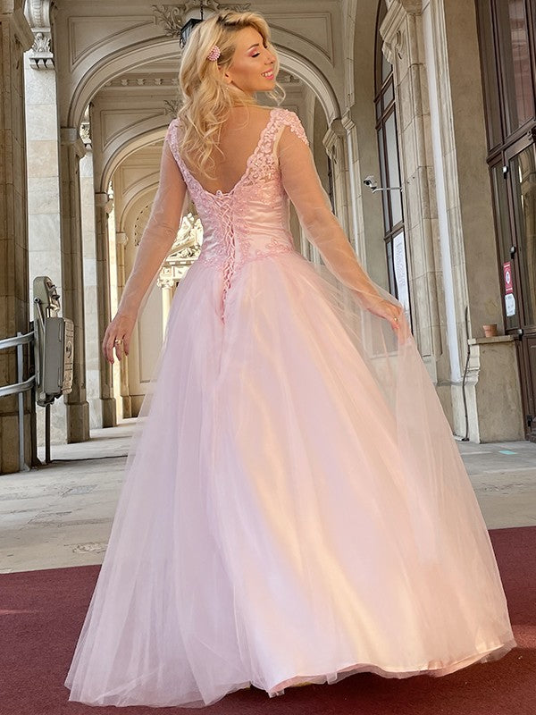 A-Line/Princess Tulle Applique V-neck Long Sleeves Floor-Length Dresses
