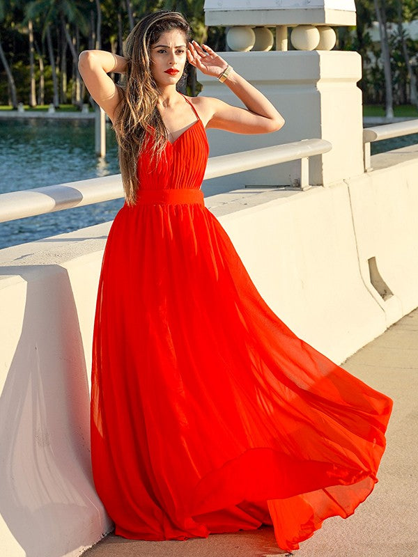 A-Line/Princess Chiffon Ruched V-neck Sleeveless Floor-Length Dresses