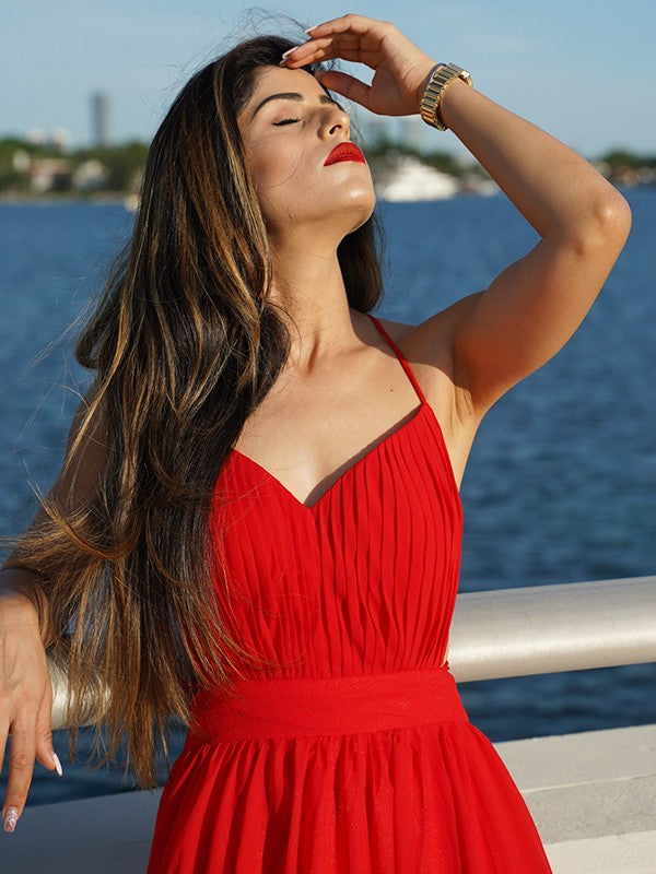 A-Line/Princess Chiffon Ruched V-neck Sleeveless Floor-Length Dresses