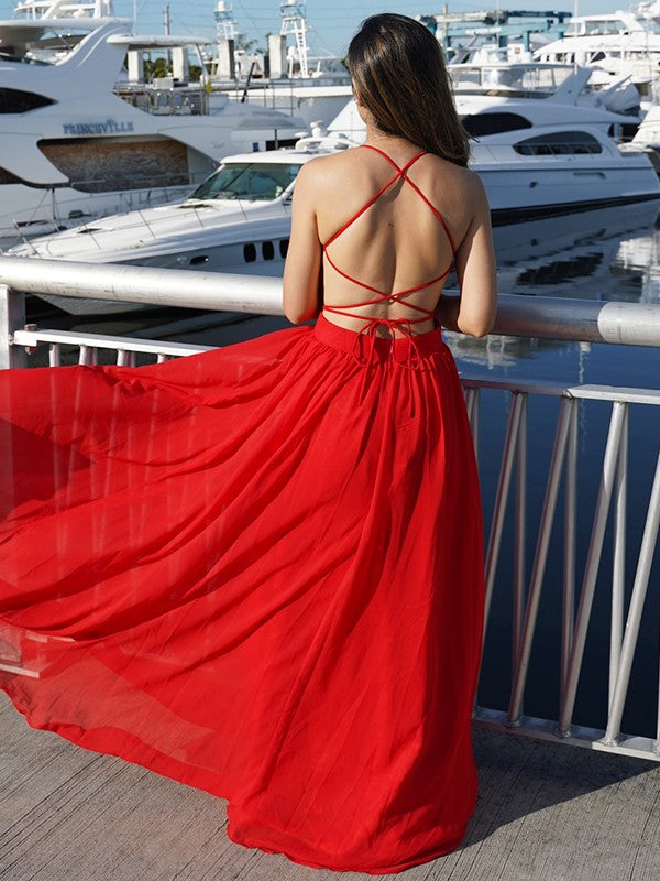 A-Line/Princess Chiffon Ruched V-neck Sleeveless Floor-Length Dresses