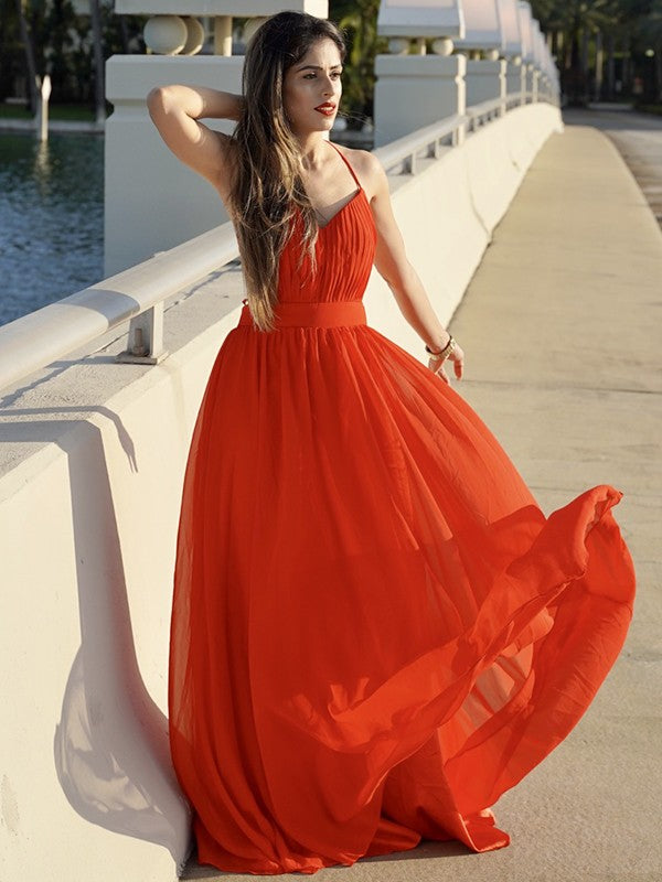 A-Line/Princess Chiffon Ruched V-neck Sleeveless Floor-Length Dresses