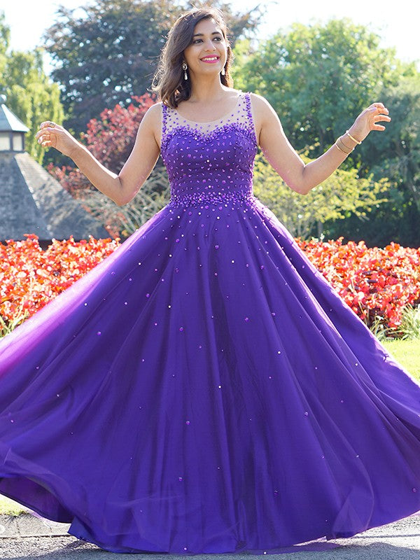 A-Line/Princess Tulle Beading Scoop Sleeveless Floor-Length Dresses
