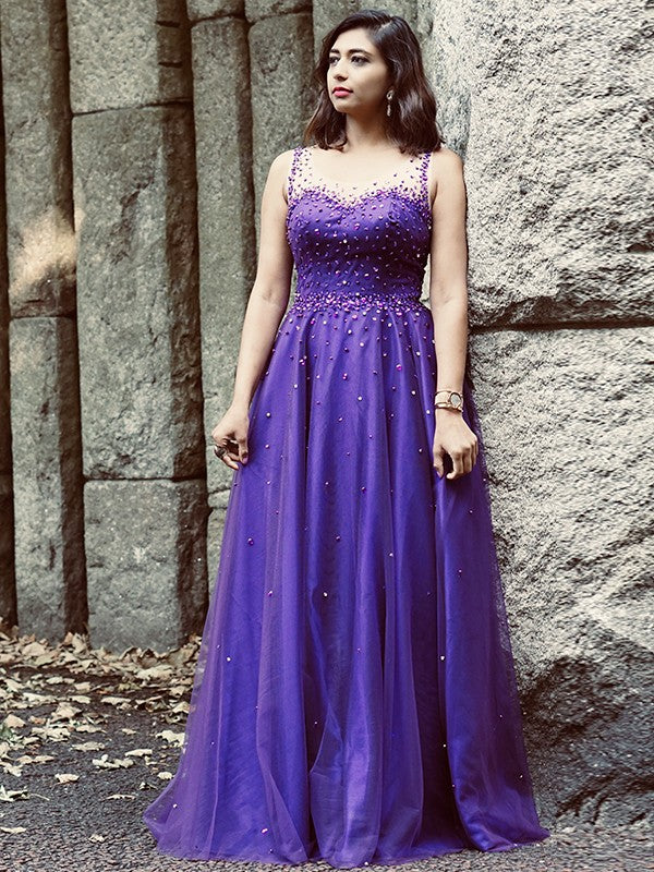 A-Line/Princess Tulle Beading Scoop Sleeveless Floor-Length Dresses
