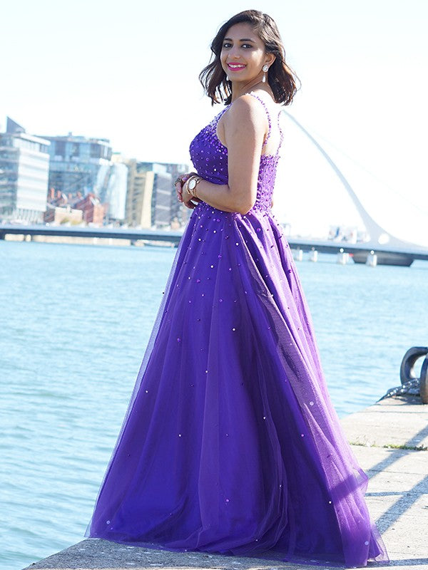 A-Line/Princess Tulle Beading Scoop Sleeveless Floor-Length Dresses