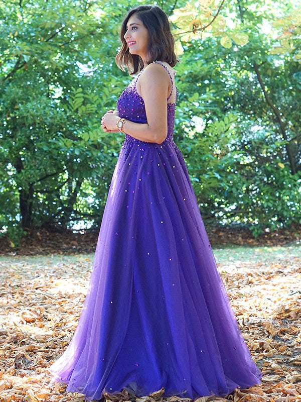 A-Line/Princess Tulle Beading Scoop Sleeveless Floor-Length Dresses