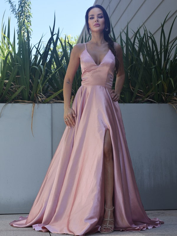 A-Line/Princess Silk like Satin Ruffles V-neck Sleeveless Sweep/Brush Train Dresses