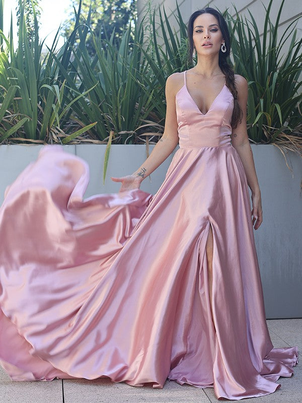 A-Line/Princess Silk like Satin Ruffles V-neck Sleeveless Sweep/Brush Train Dresses