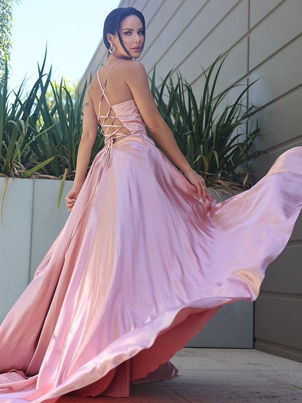 A-Line/Princess Silk like Satin Ruffles V-neck Sleeveless Sweep/Brush Train Dresses