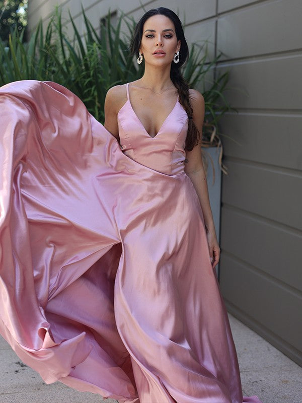 A-Line/Princess Silk like Satin Ruffles V-neck Sleeveless Sweep/Brush Train Dresses