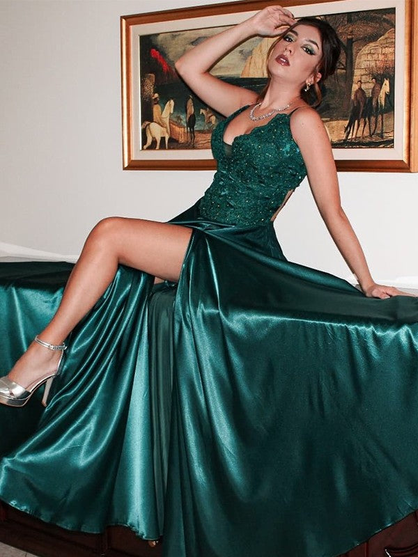 A-Line/Princess  Woven Satin Applique V-neck Sleeveless Sweep/Brush Train Dresses