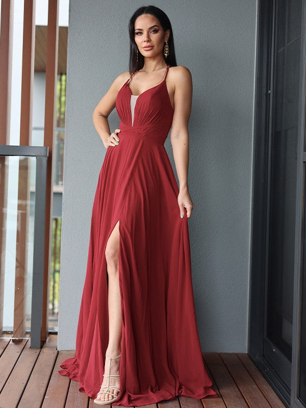 A-Line/Princess Chiffon Ruffles V-neck Sleeveless Sweep/Brush Train Dresses