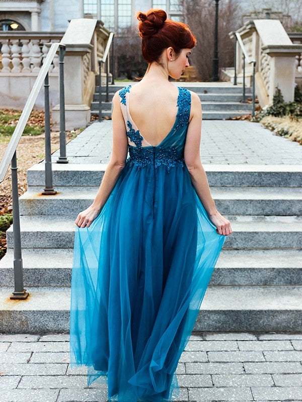 A-Line/Princess Tulle Applique V-neck Sleeveless Floor-Length Dresses