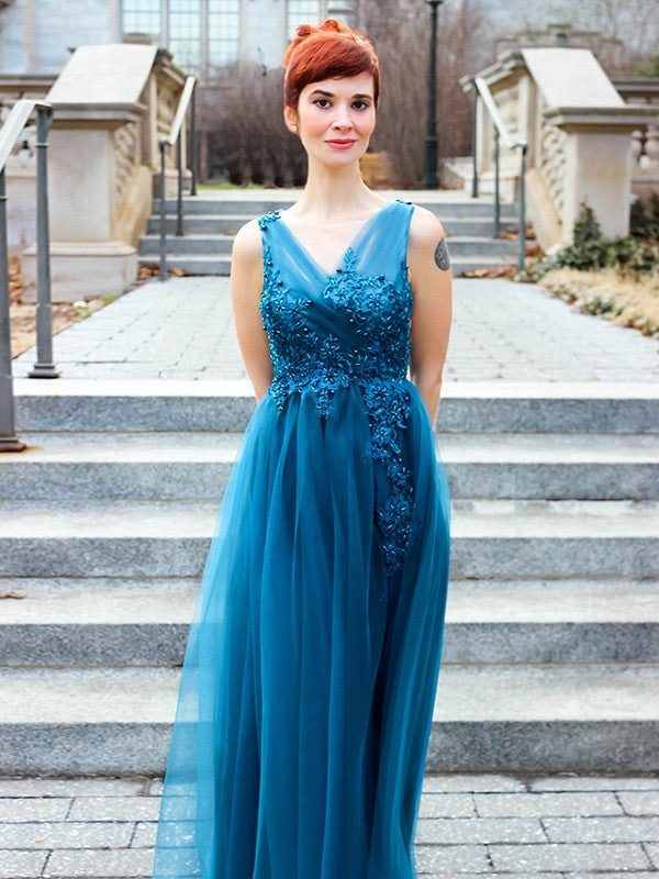 A-Line/Princess Tulle Applique V-neck Sleeveless Floor-Length Dresses
