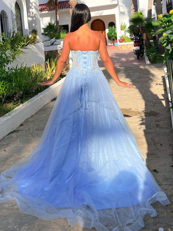 A-Line/Princess Tulle Applique Sweetheart Sleeveless Sweep/Brush Train Dresses