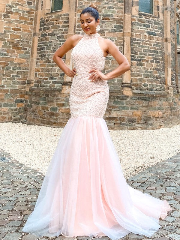 Trumpet/Mermaid Tulle Beading Halter Sleeveless Sweep/Brush Train Dresses