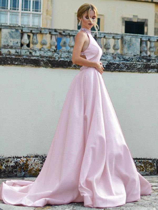 A-Line/Princess Satin Beading Halter Sleeveless Sweep/Brush Train Dresses
