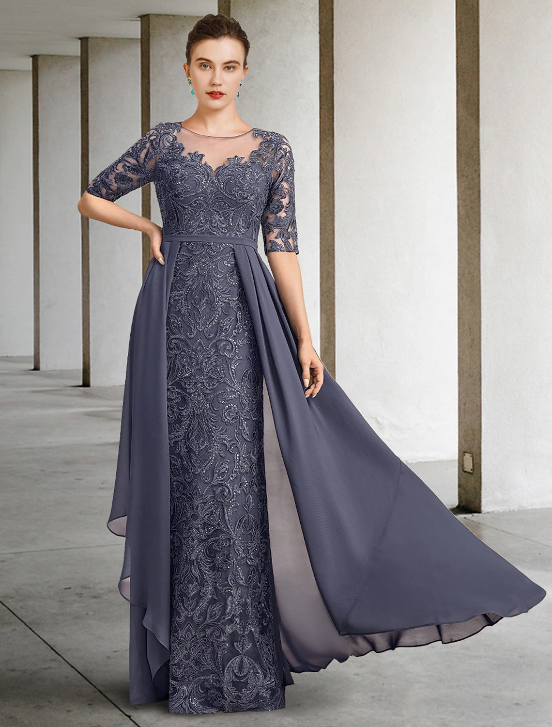 A-Linie Kleid für die Brautmutter, formeller Hochzeitsgast, elegant, U-Ausschnitt, bodenlang, Chiffon, Spitze, halbe Ärmel, mit Schleife(n), Pailletten