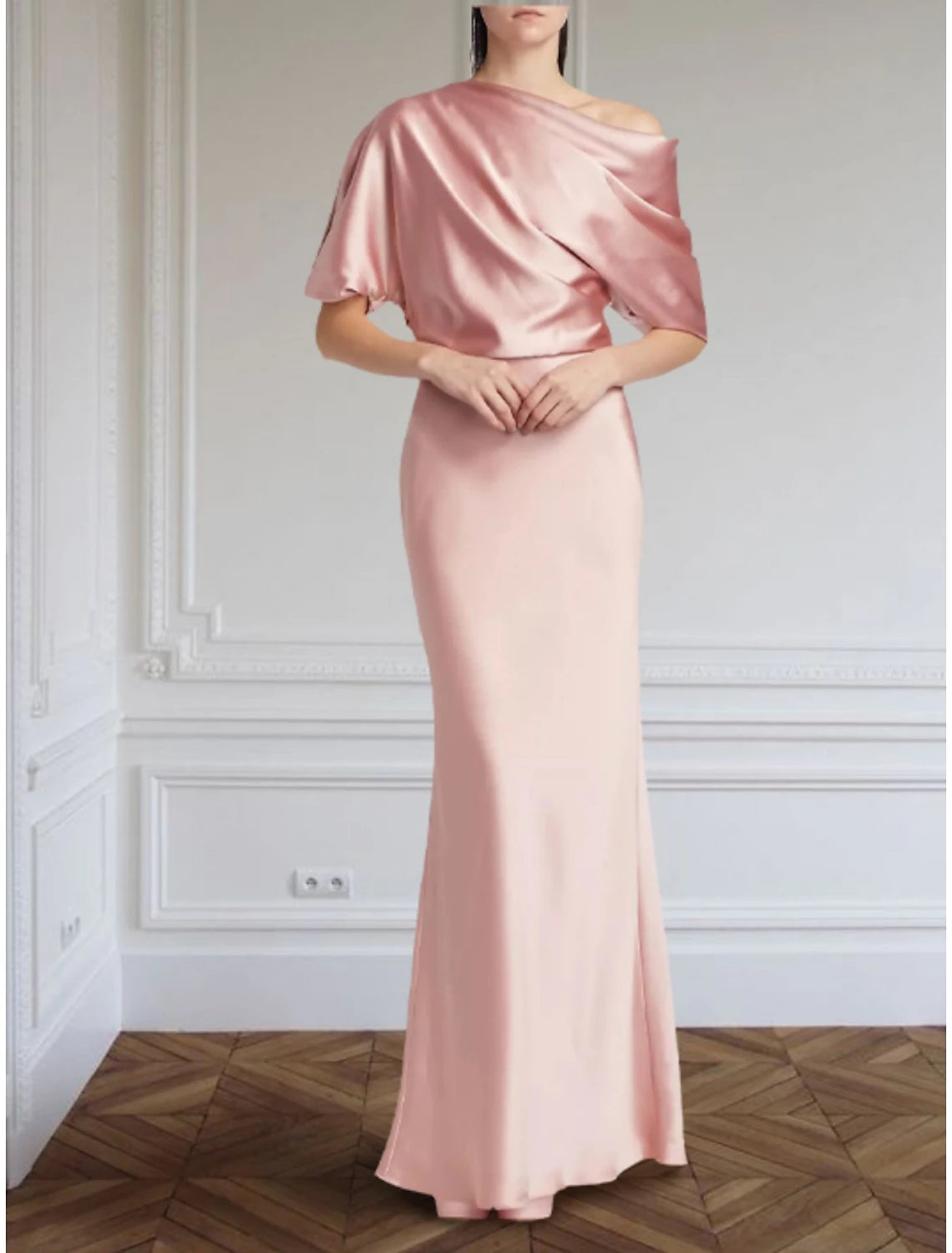 Etuikleid/Säulenkleid, formelles Abendkleid, elegantes Kleid, formelles Kleid, bodenlang, halbe Ärmel, schulterfrei, Satin mit Falten, gerüscht