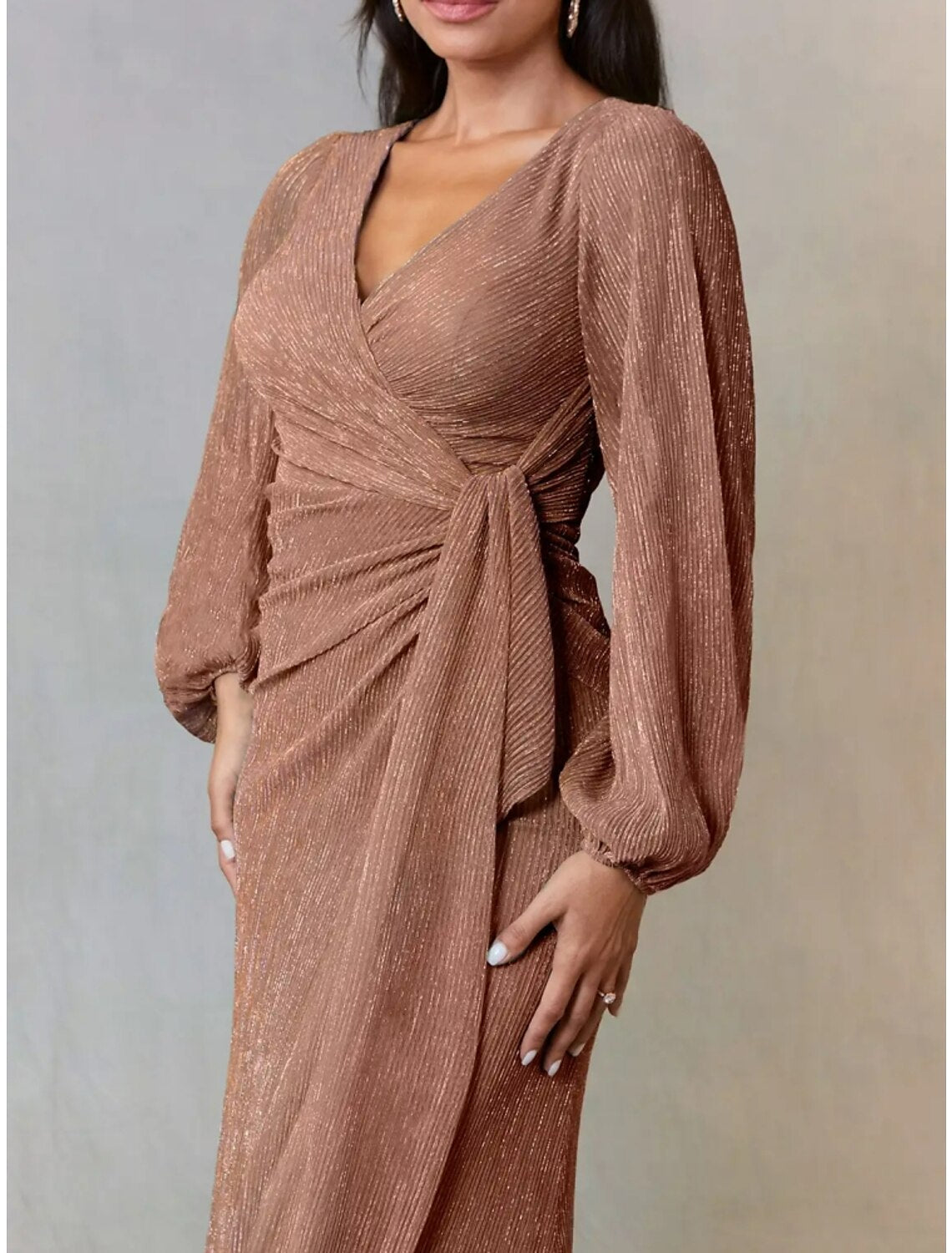 A-Line Mother of the Bride Dress Wedding Guest Elegant Simple V Neck Floor Length Chiffon Long Sleeve with Ruching Solid Color