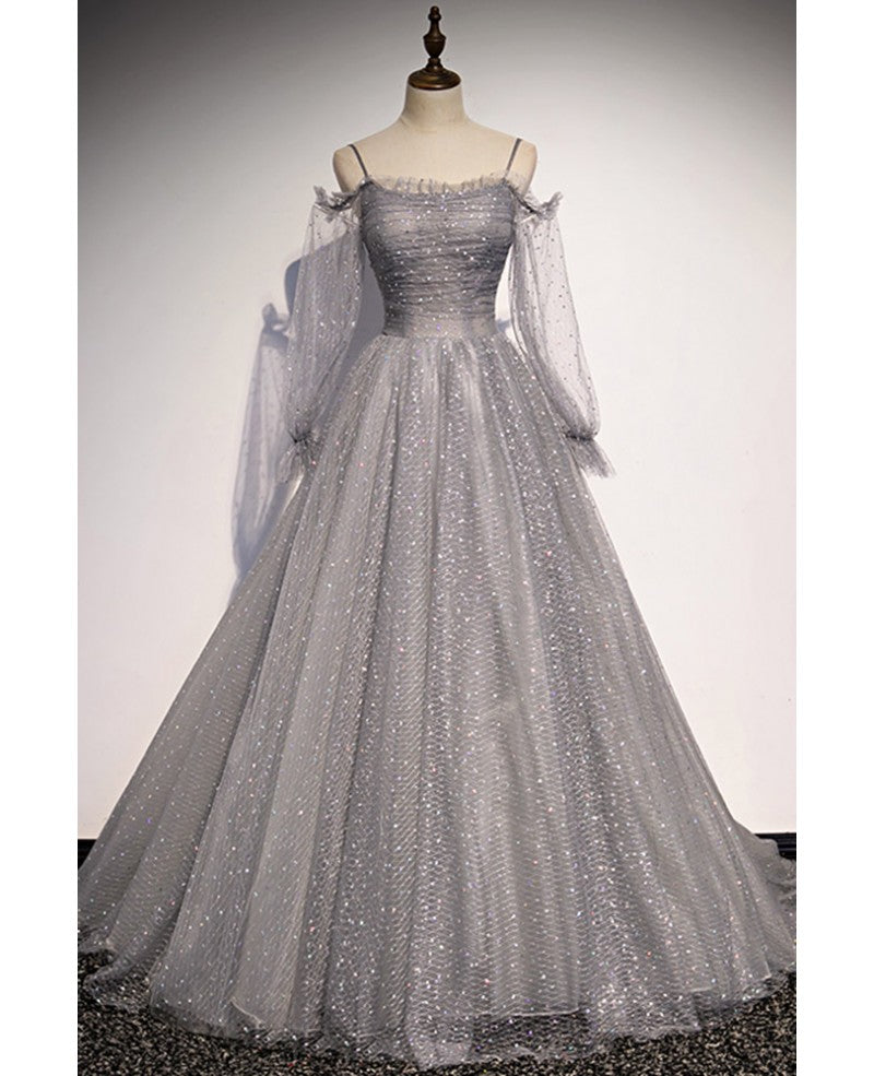 Robe de soirée élégante grise à bretelles et manches longues en paillettes, robe de bal grise trapèze/princesse, dos nu, transparente et longue au sol