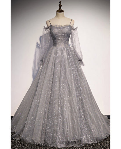 Elegant gray shoulder strap long sleeved sequin ball dress evening dress gray A-line/princess backless sheer and floor length prom dress