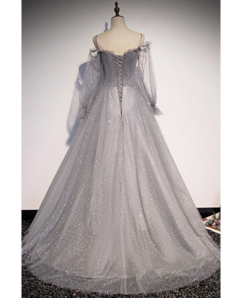 Robe de soirée élégante grise à bretelles et manches longues en paillettes, robe de bal grise trapèze/princesse, dos nu, transparente et longue au sol