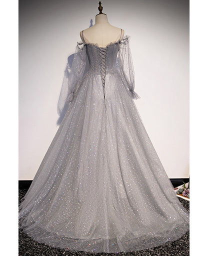 Elegant gray shoulder strap long sleeved sequin ball dress evening dress gray A-line/princess backless sheer and floor length prom dress