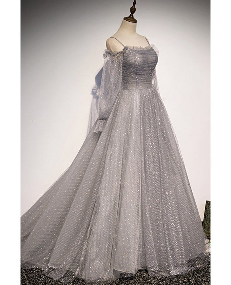 Elegant gray shoulder strap long sleeved sequin ball dress evening dress gray A-line/princess backless sheer and floor length prom dress