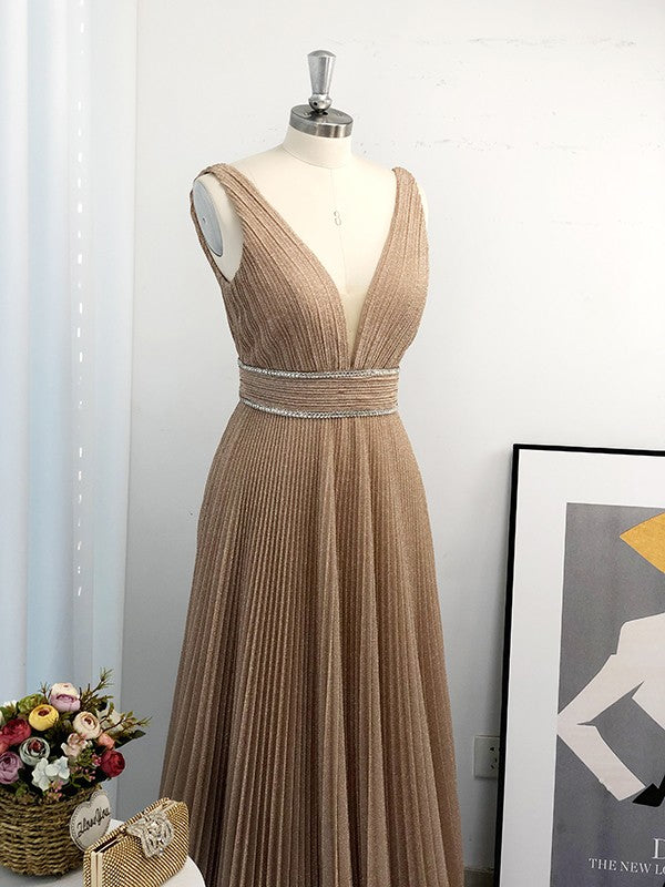 Robe trapèze/princesse à volants, col en V, sans manches, longueur au sol