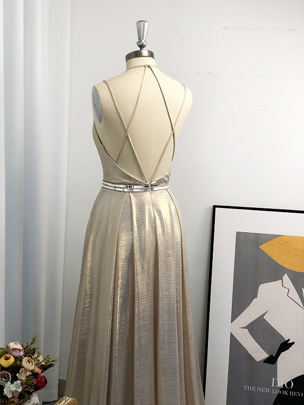 A-Line/Princess Sleeveless Halter Ruffles Floor-Length Dresses