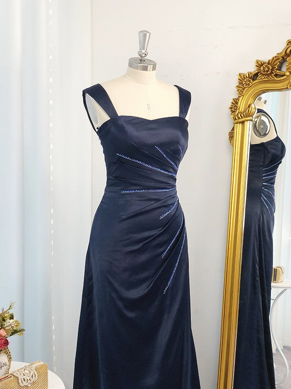 A-Line/Princess Straps Sleeveless  Woven Satin Ruched Floor-Length Dresses