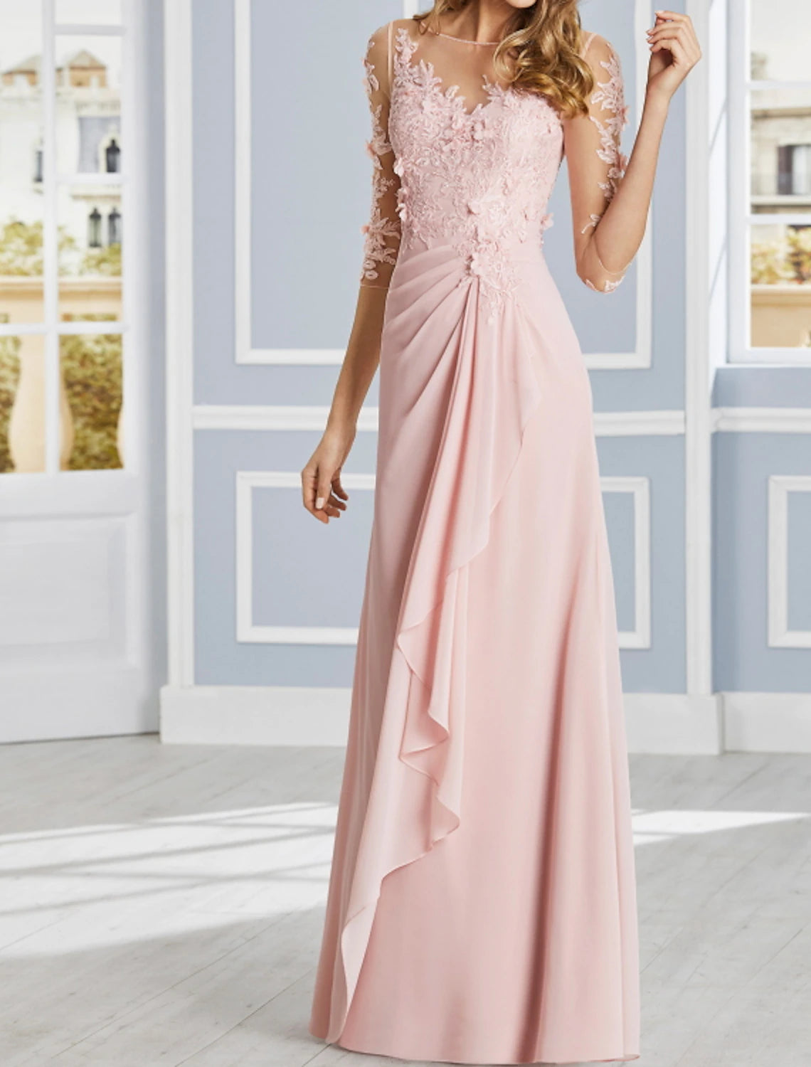 Etui-Linie/Säule, luxuriöses Blumenkleid für formelle Anlässe, Illusionsausschnitt, halbe Ärmel, bodenlanges Chiffonkleid mit Rüschen, drapierten Applikationen