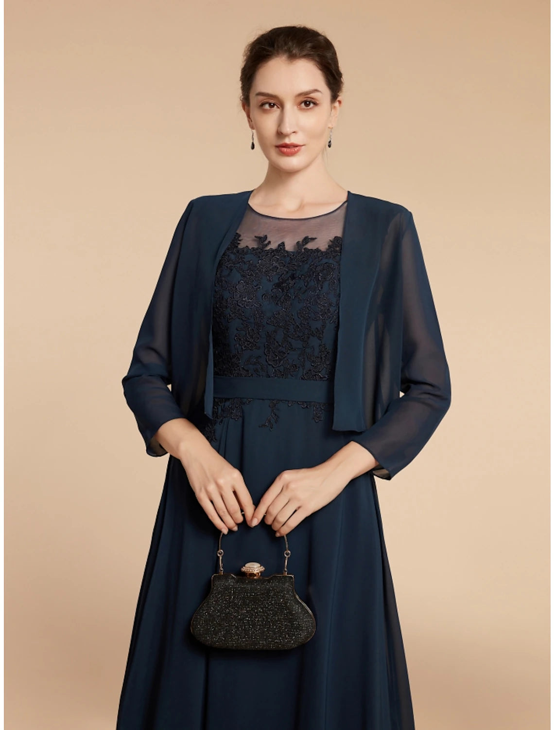 A-Linie Kleid für die Brautmutter, Hochzeitsgast, elegant, Rundhalsausschnitt, knöchellang, Chiffon, Spitze, lange Ärmel mit Rüschen, einfarbig