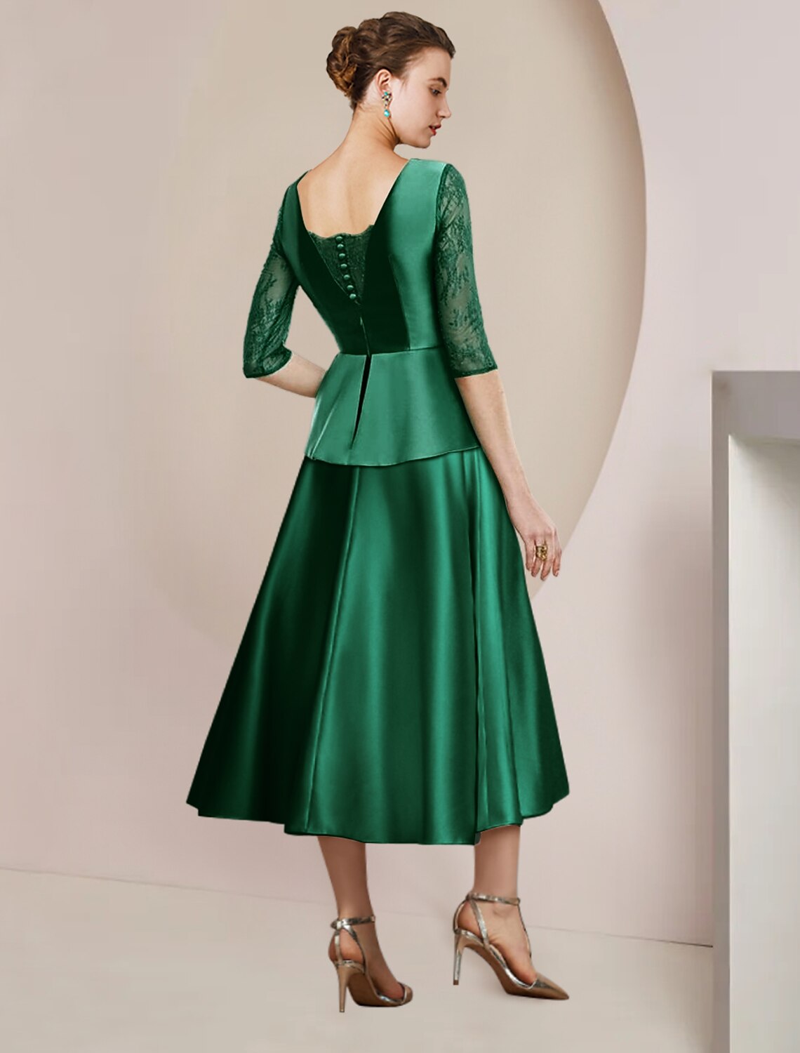 A-Linie Kleid für die Brautmutter, Hochzeitsgast, Party, elegant, U-Ausschnitt, teelang, Satin, Spitze, halbe Ärmel, mit Schleife(n), Rüschen