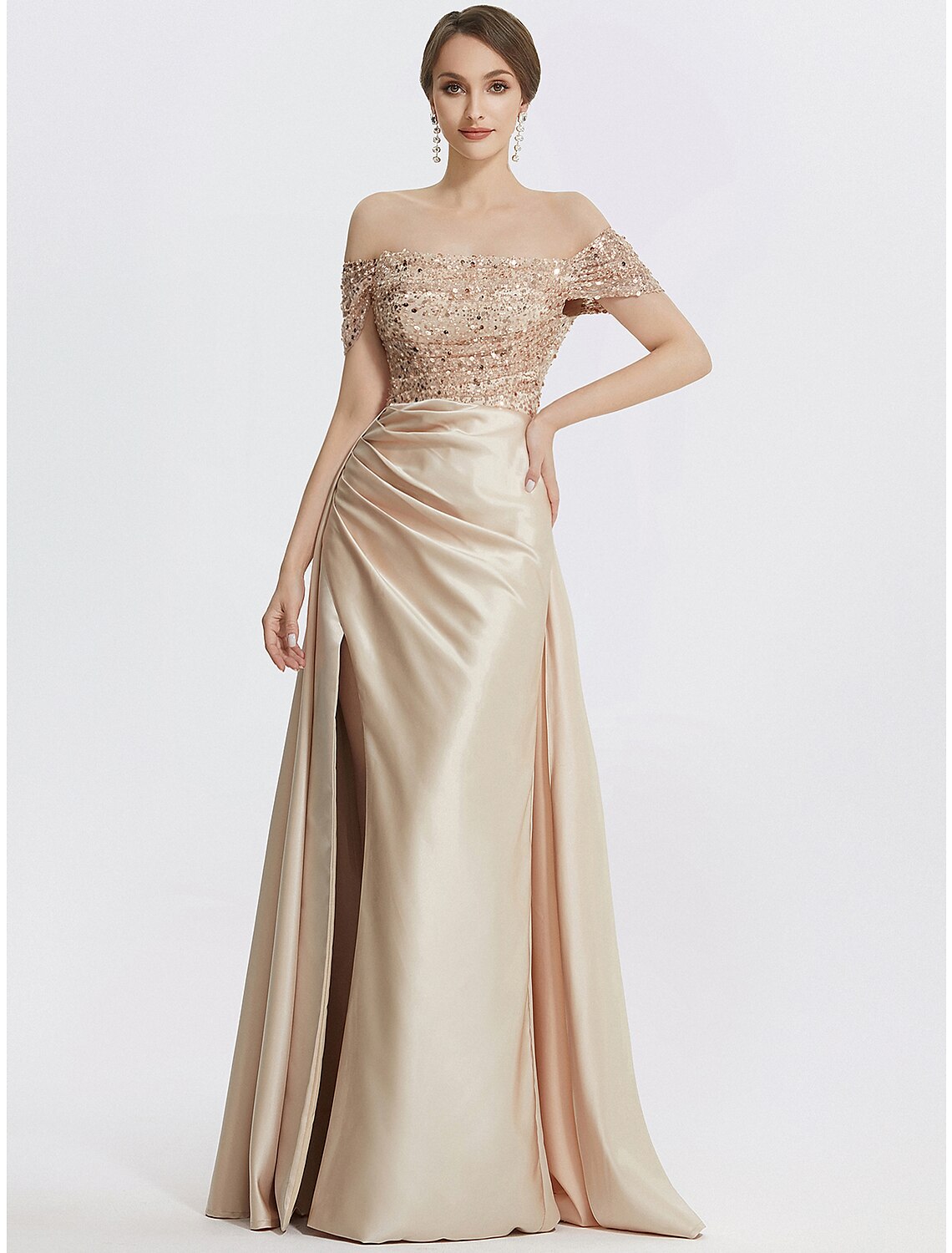 Etuikleid/Säulenkleid Abendkleid Elegantes Kleid Formal Bodenlang Kurzarm Schulterfrei Pailletten mit Glitzer Falten Schlitz