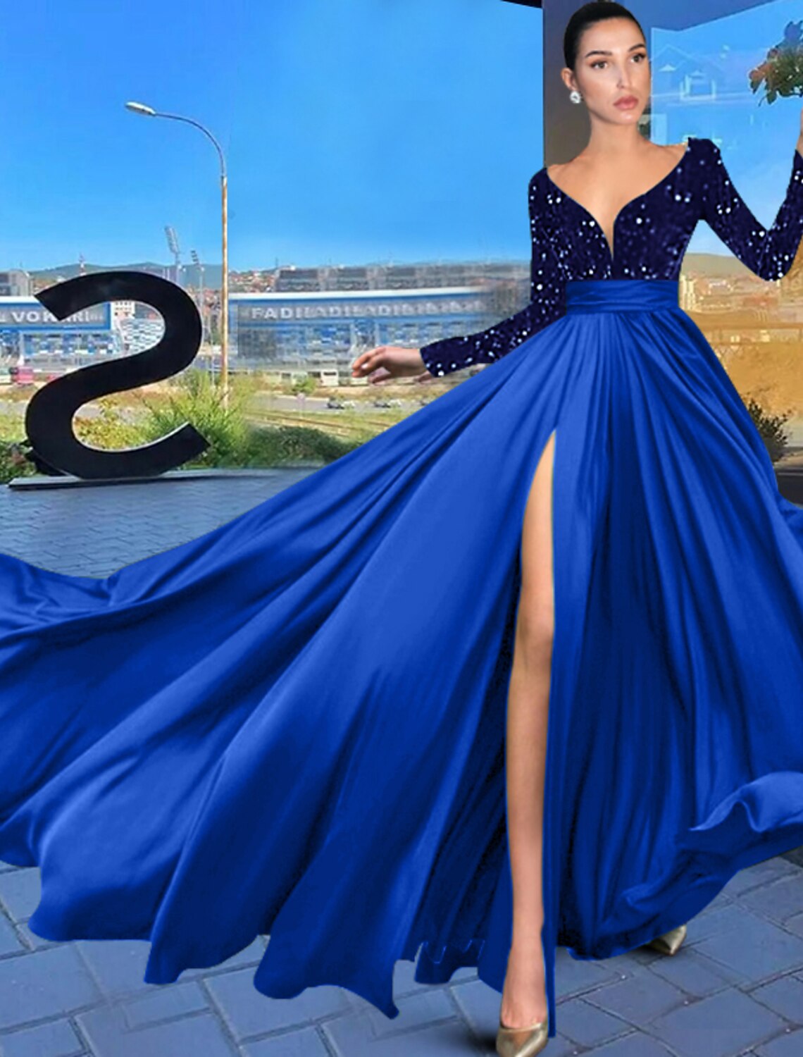 A-Line Evening Gown Sparkle & Shine Dress Wedding Guest Prom Court Train Long Sleeve V Neck Chiffon with Sequin Slit