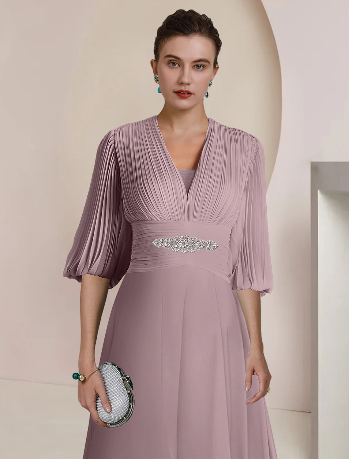 A-Linien-Kleid für die Mutter der Braut, formelle Hochzeitsgastparty, Vintage, elegant, V-Ausschnitt, knielang, Chiffon, 3/4-Ärmel mit Falten, Kristallen