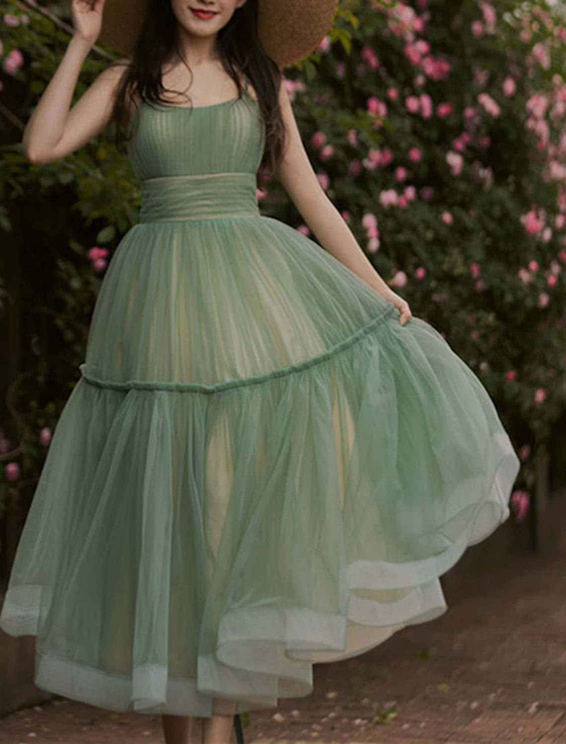 A-Linie Hochzeitsgastkleider Gestuftes Plisseekleid Urlaub Sommer Knöchellang Ärmellos Spaghettiträger Brautjungfernkleid Tüll mit Rüschen