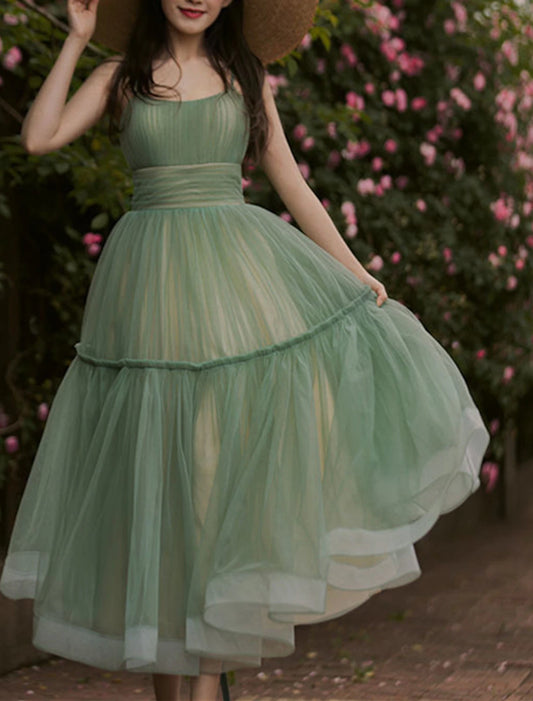 A-Linie Hochzeitsgastkleider Gestuftes Plisseekleid Urlaub Sommer Knöchellang Ärmellos Spaghettiträger Brautjungfernkleid Tüll mit Rüschen