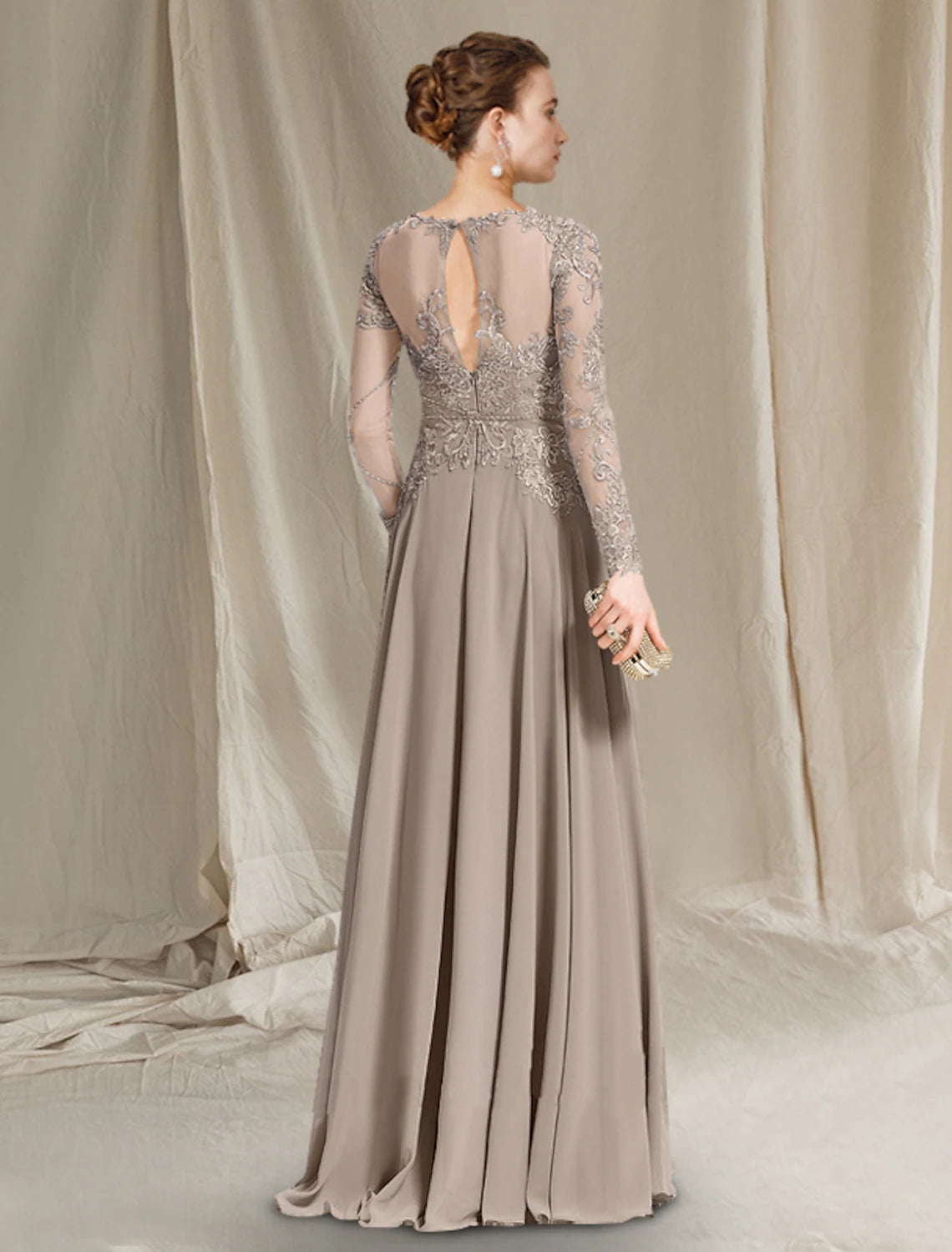 A-Linien-Kleid für die Brautmutter, elegant, luxuriös, Rundhalsausschnitt, bodenlang, Chiffon, Spitze, lange Ärmel mit Faltenapplikationen