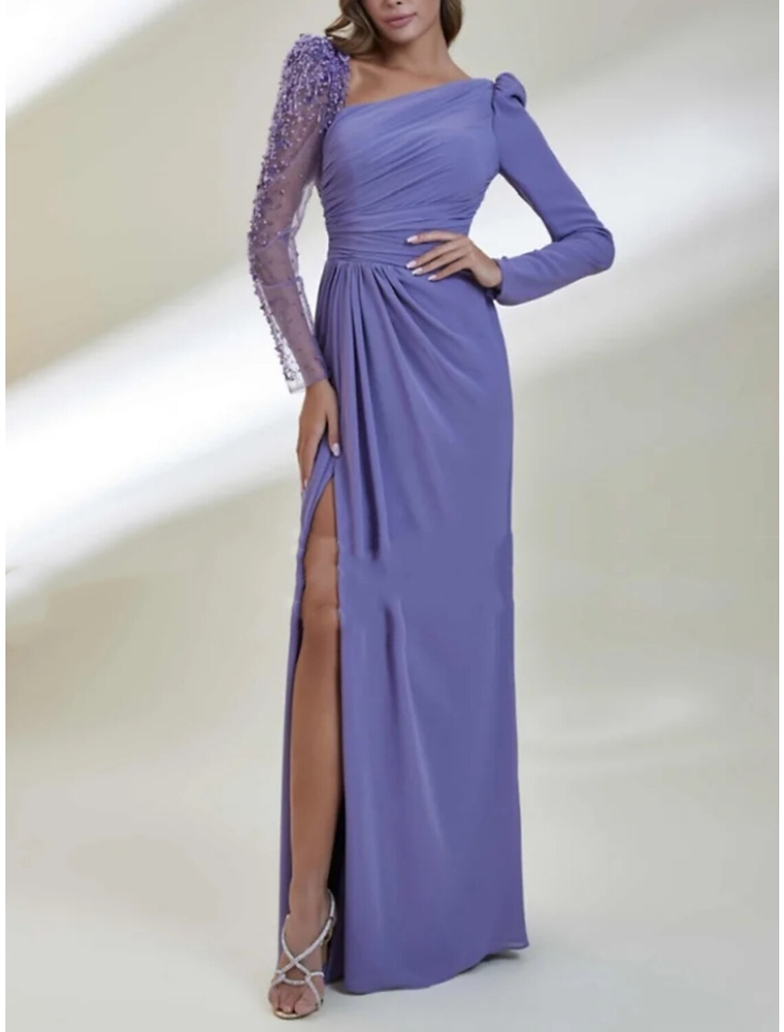 Etuikleid/Säulenkleid, elegantes Abendkleid, formell, rot, grün, Kleid mit Schleppe, lange Ärmel, Rundhalsausschnitt, Stretch-Chiffon mit Falten, gerüschte Pailletten